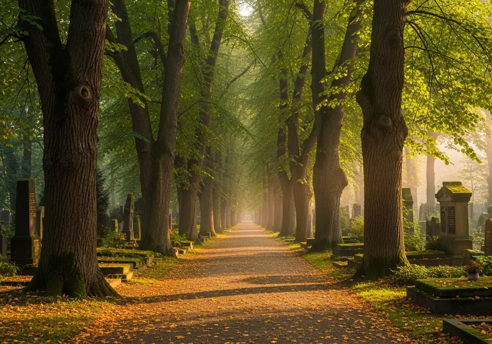 Allee auf einem Berliner Friedhof im warmen Morgenlicht