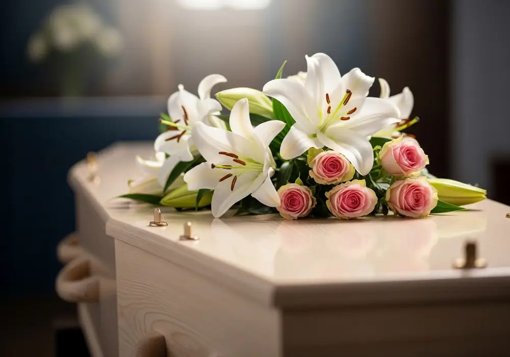 Heller Holzsarg mit Lilien und rosafarbenen Rosen