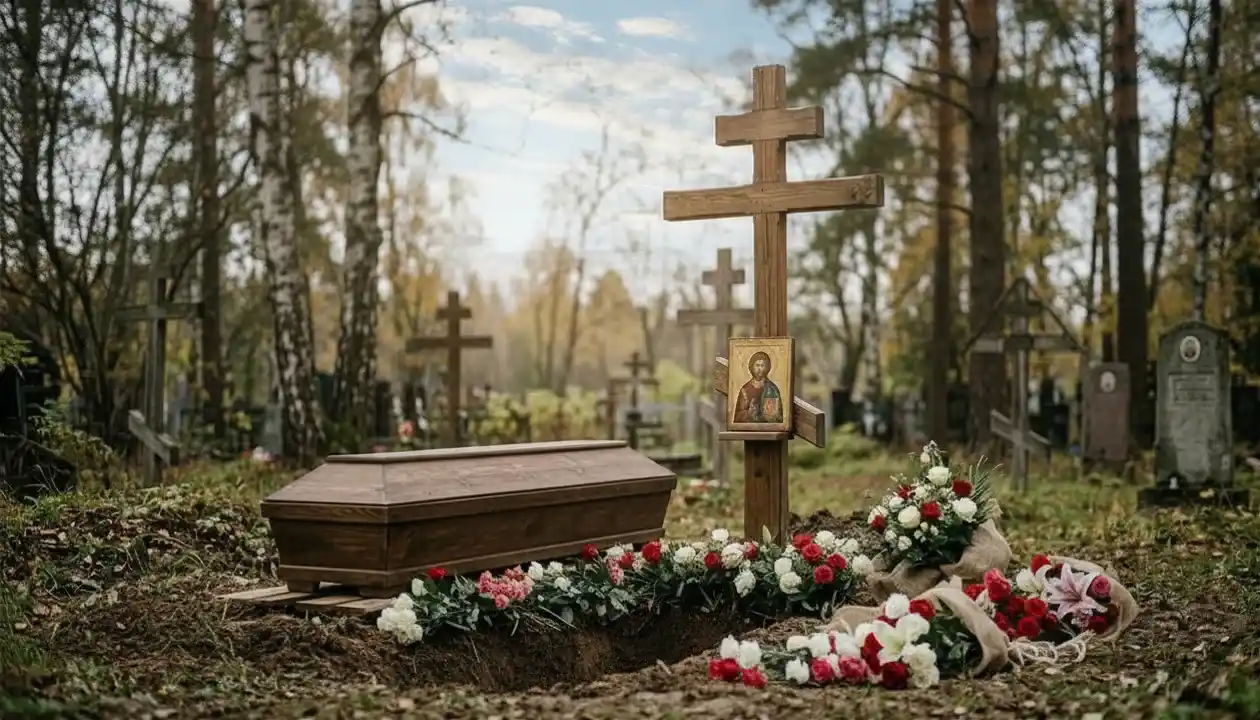 Russische und orthodoxe Bestattung in Berlin – Lilien und orthodoxes Kreuz im Morgenlicht