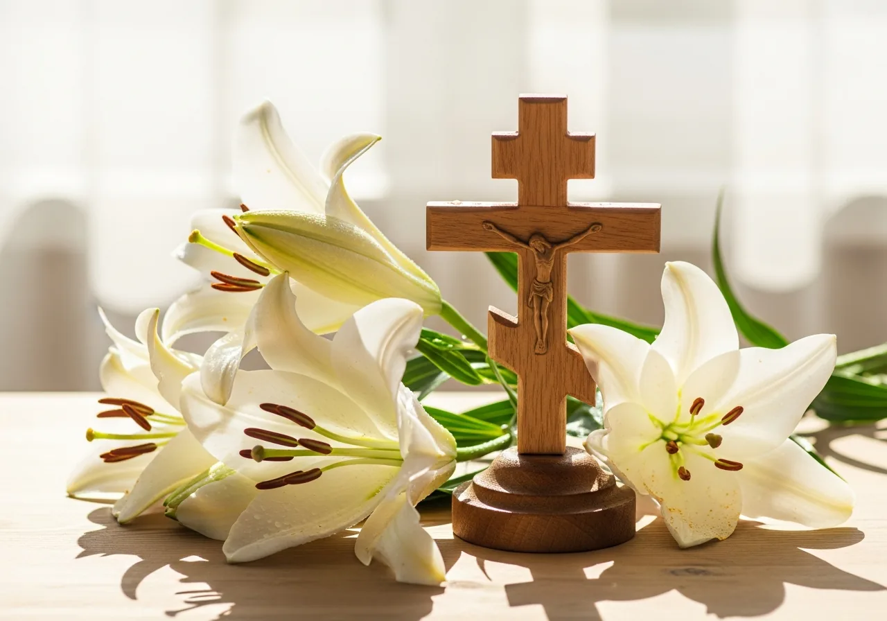 Weiße Lilien neben einem schlichten orthodoxen Holzkreuz