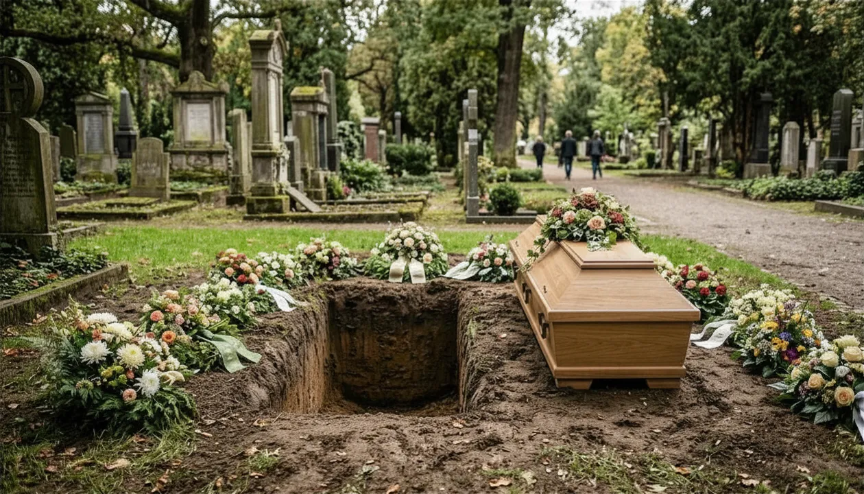 Stiller Friedhofsweg im weichen Licht