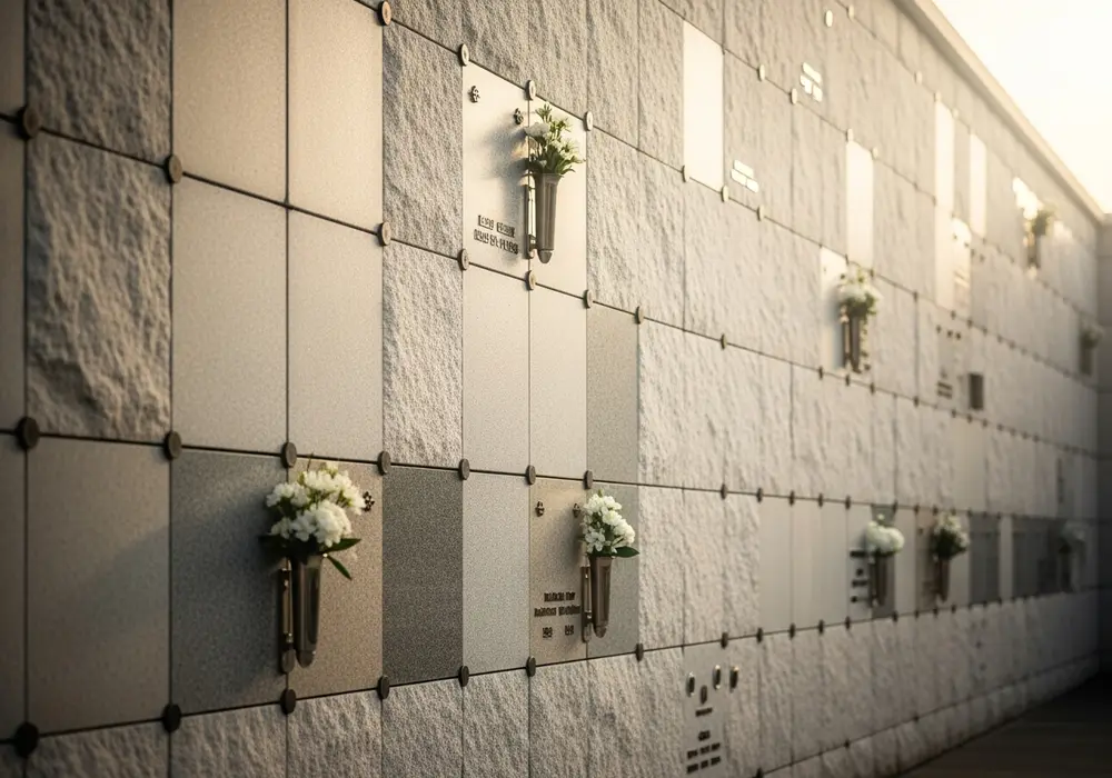 Kolumbarium mit Urnennischen und weißen Blumen