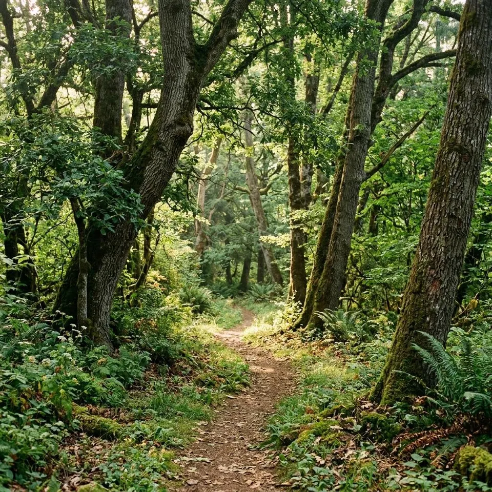 Friedlicher Waldweg mit altem Baumbestand