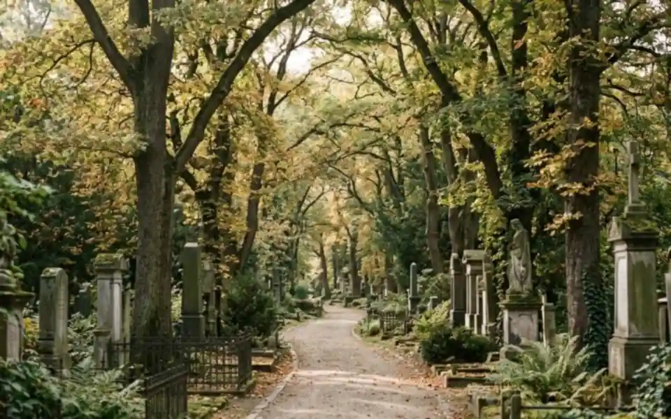 Baumgesäumte Allee auf einem parkartigen Berliner Friedhof im weichen Licht
