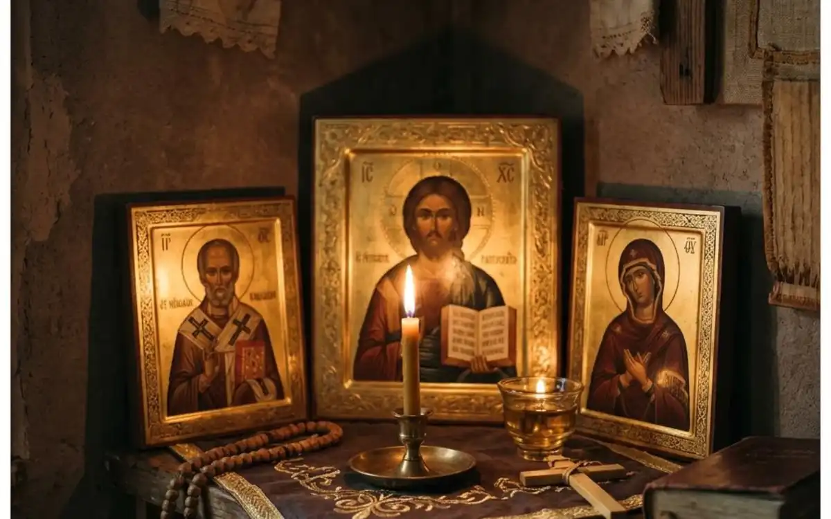 Warm leuchtende Kerze vor einer goldenen Ikone – orthodoxe Tradition des Gedenkens