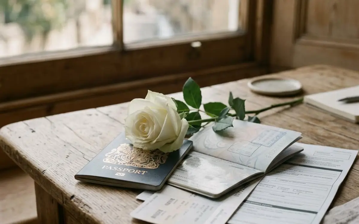 Weiße Rose auf Reisepass und Dokumenten – Symbol für eine würdevolle Überführung ins Ausland